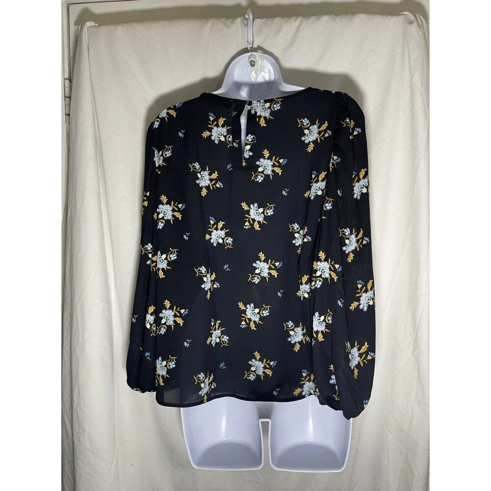 LOFT Womens Small Floral Blouse Navy Blue Long Puff Sleeve Pleated Shoulder S